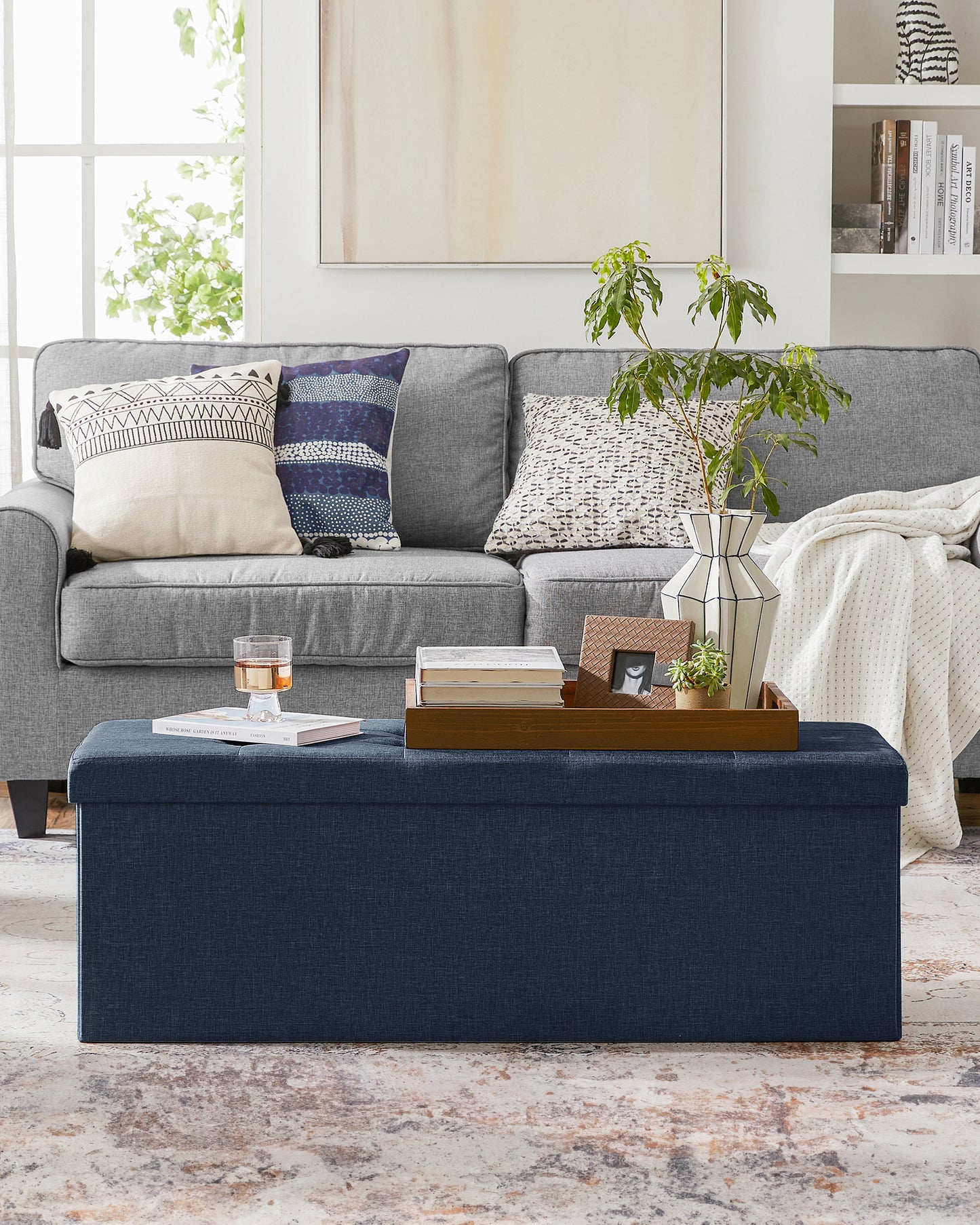SONGMICS 43" Storage Ottoman Bench Ottoman with Storage Footstool Hold up to 660 lb for Bedroom Living Room Dark Blue