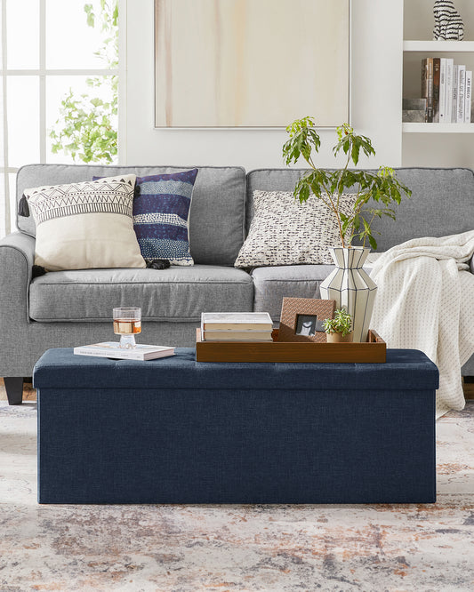 SONGMICS 43" Storage Ottoman Bench Ottoman with Storage Footstool Hold up to 660 lb for Bedroom Living Room Dark Blue