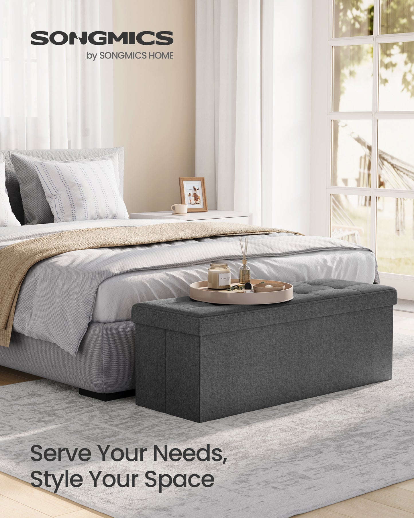 SONGMICS 43 Inches Folding Storage Ottoman Bench Bedroom Bench with Storage Holds up to 660 lb Dark Gray