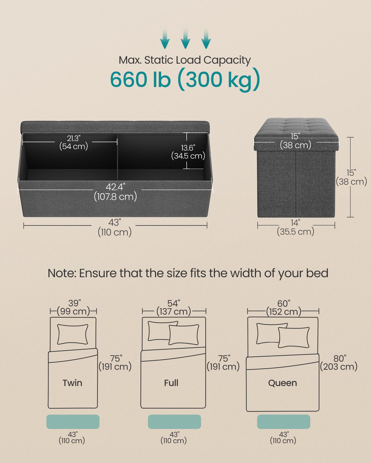 SONGMICS 43 Inches Folding Storage Ottoman Bench Bedroom Bench with Storage Holds up to 660 lb Dark Gray