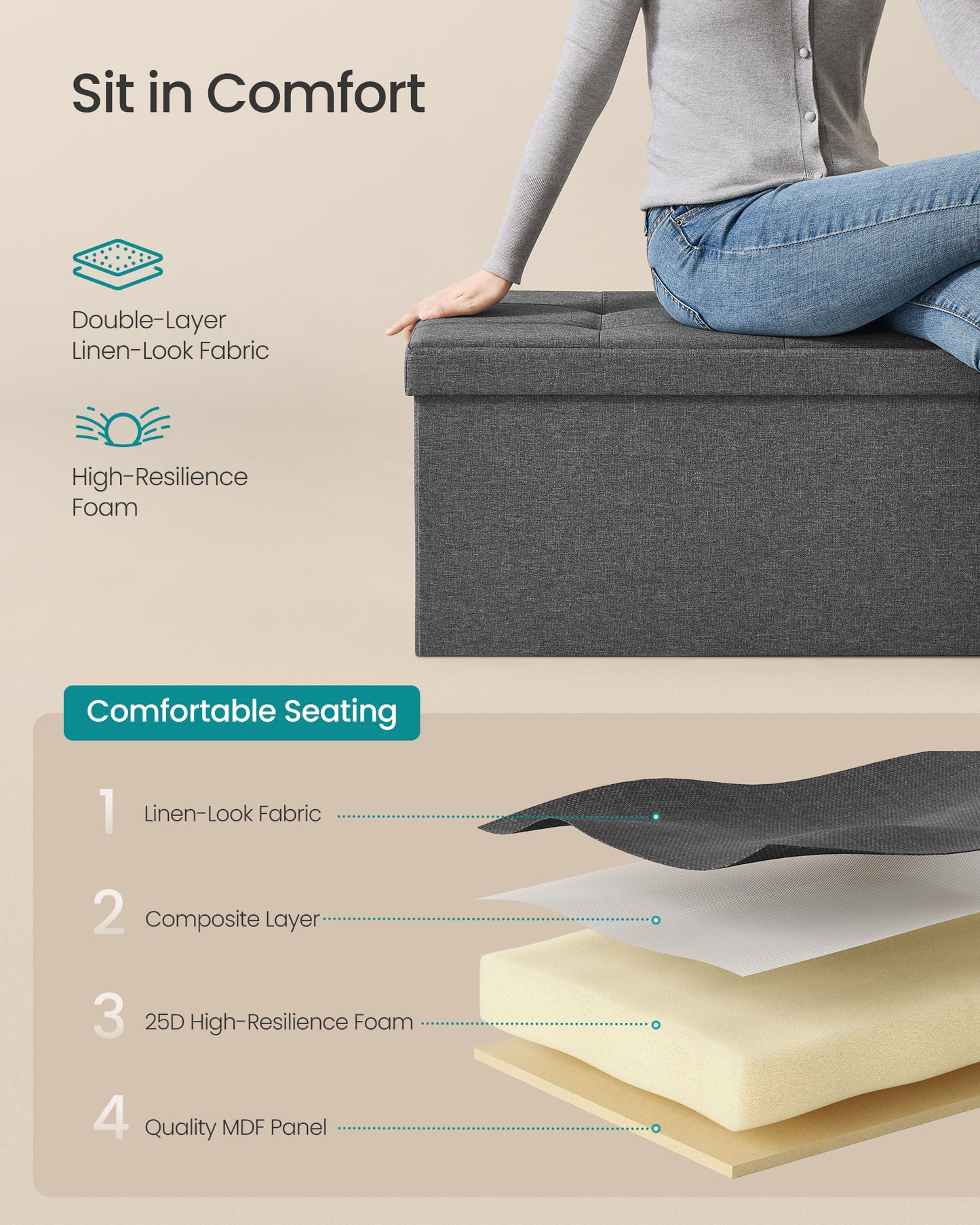 SONGMICS 43 Inches Folding Storage Ottoman Bench, Storage Chest, Foot Rest Stool, Bedroom Bench with Storage, Holds up to 660 lb, Dark Gray