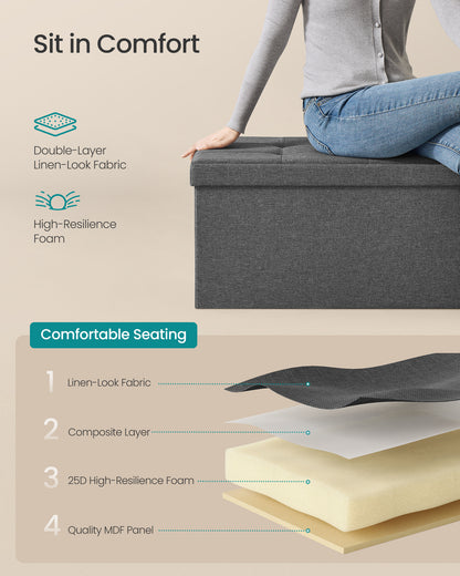 SONGMICS 43 Inches Folding Storage Ottoman Bench, Storage Chest, Foot Rest Stool, Bedroom Bench with Storage, Holds up to 660 lb, Dark Gray