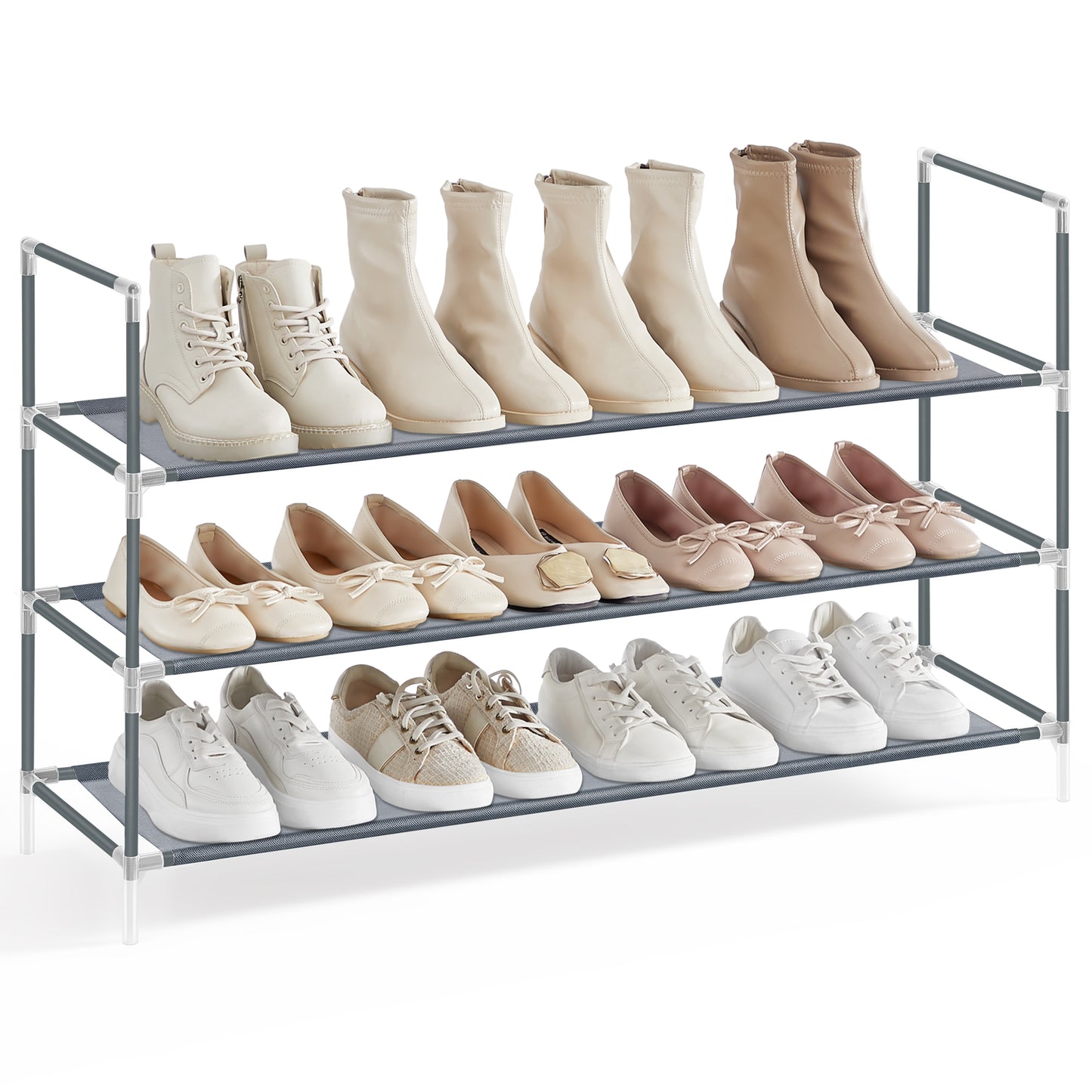 SONGMICS 3-Tier Shoe Rack, Shoe Storage for Hallway Closet, Slim and Space-Saving, Steel Frame, Non-Woven Fabric Shelves, Grey