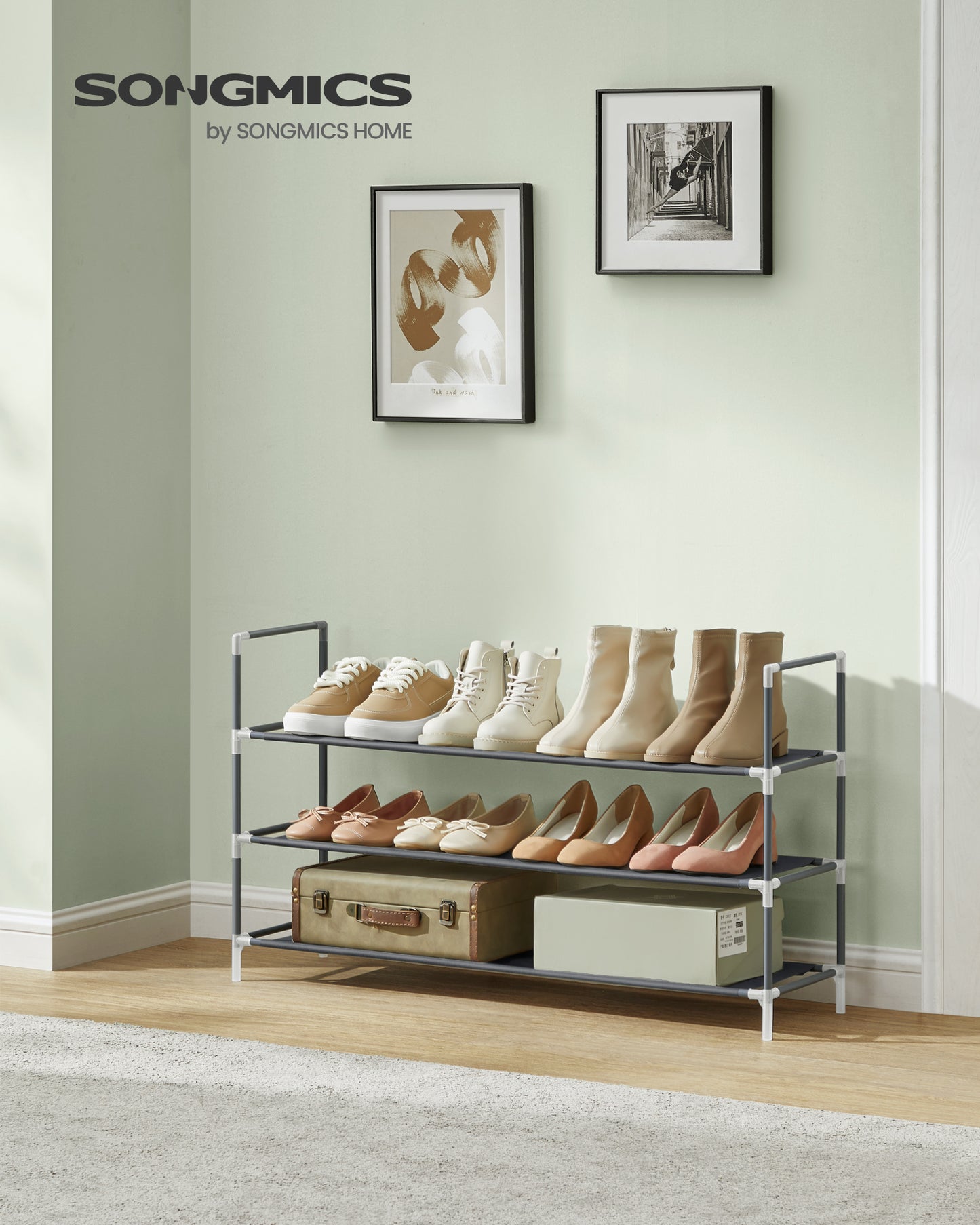 SONGMICS 3-Tier Shoe Rack, Shoe Storage for Hallway Closet, Slim and Space-Saving, Steel Frame, Non-Woven Fabric Shelves, Grey