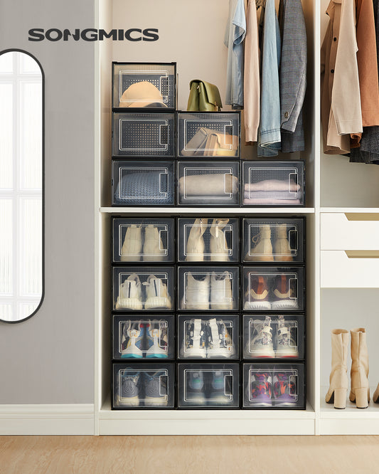 SONGMICS Pack of 18 Stackable Shoe Storage Organizers, Transparent and Black