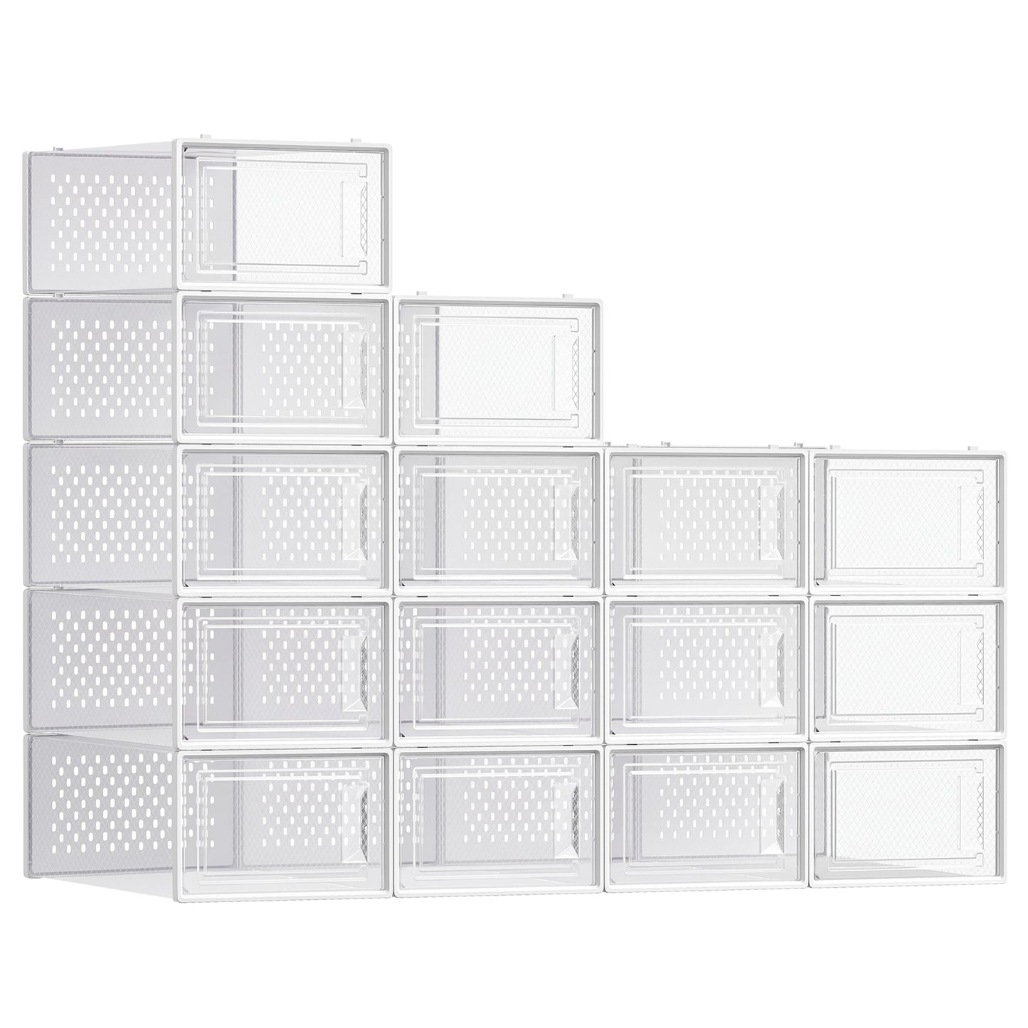 LEDREM Set of 15 Stackable Shoe Organizers, Foldable Storage Boxes for Sneakers, Transparent and White