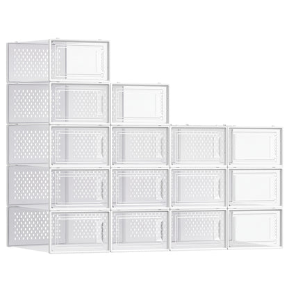 LEDREM Set of 15 Stackable Shoe Organizers, Foldable Storage Boxes for Sneakers, Transparent and White