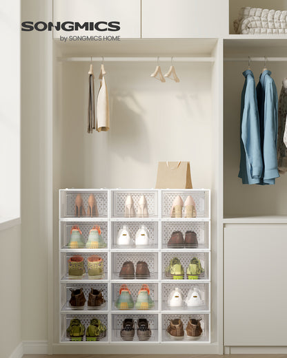 LEDREM Set of 15 Stackable Shoe Organizers, Foldable Storage Boxes for Sneakers, Transparent and White