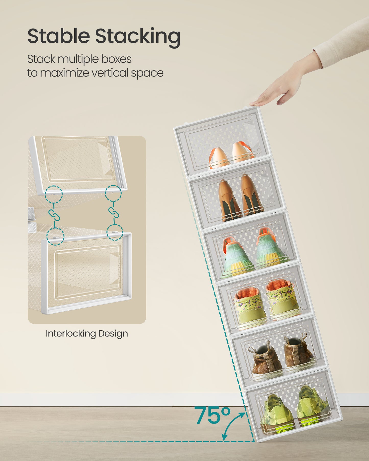 LEDREM Set of 15 Stackable Shoe Organizers, Foldable Storage Boxes for Sneakers, Transparent and White