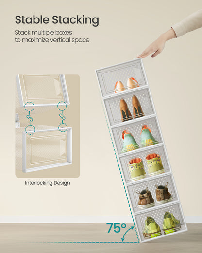 LEDREM Set of 15 Stackable Shoe Organizers, Foldable Storage Boxes for Sneakers, Transparent and White