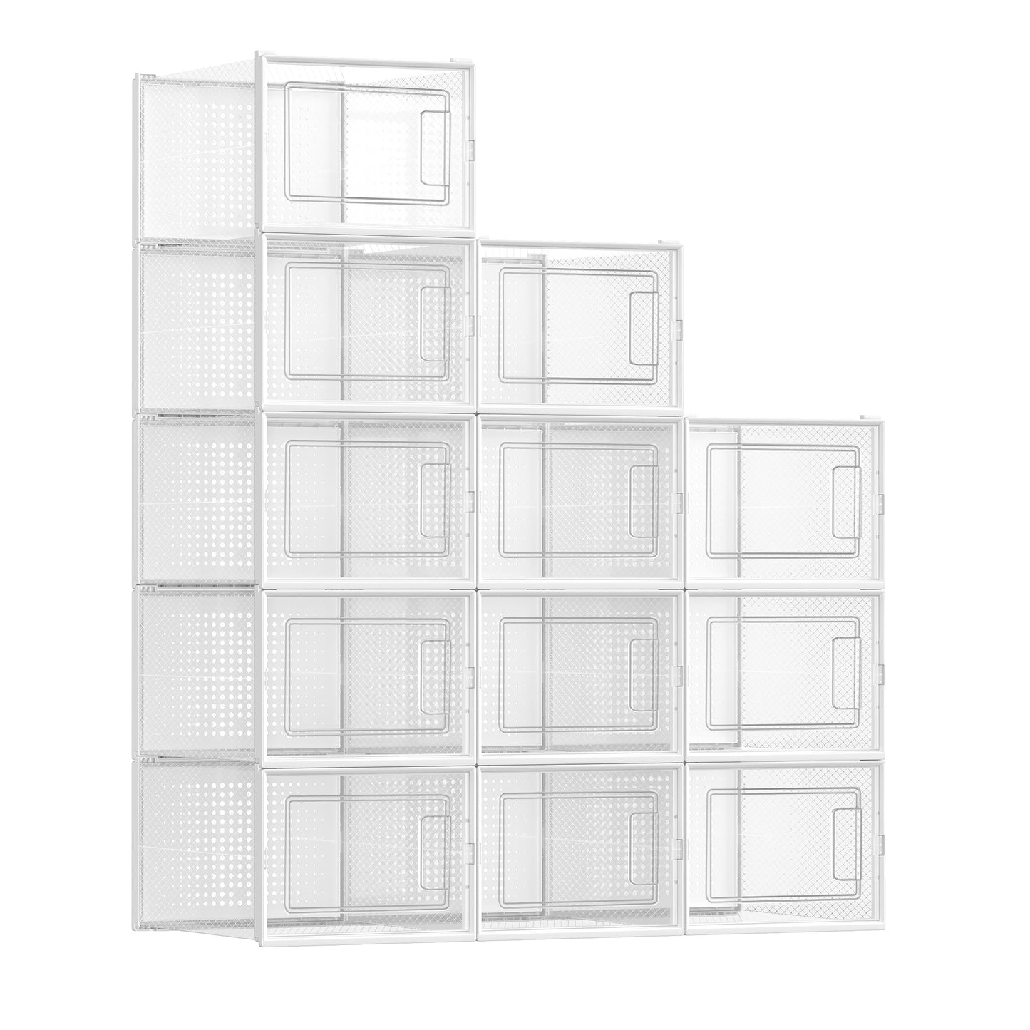 SONGMICS Shoe Boxes, Pack of 12 Shoe Storage Organizers, Stackable Clear Plastic Boxes for Closet, Sneakers, 9.9 x 13.7 x 7.4 Inches, Fit up to US Size 13, Transparent and White ULSP12MWT