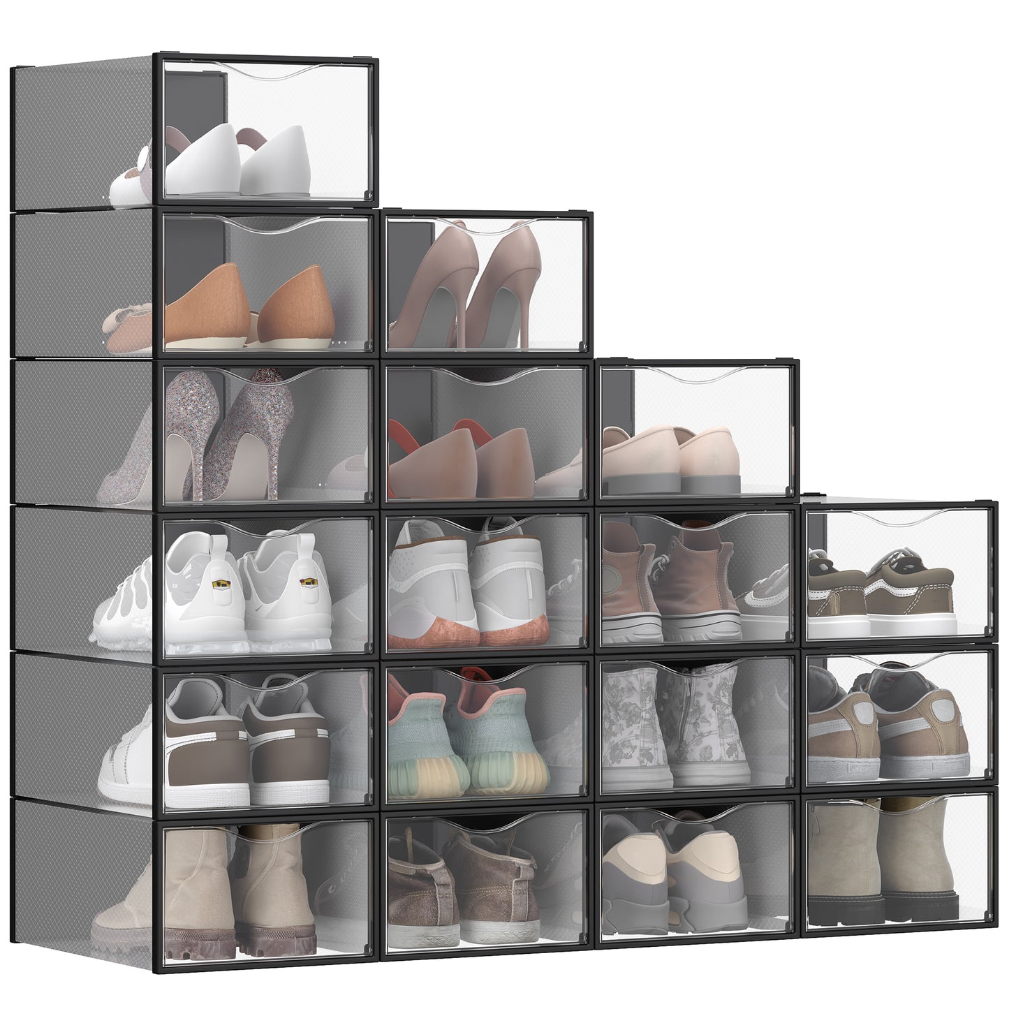Stackable Shoe Boxes Set of 18 - Clear Plastic Shoe Organizers with Doors, Easy to Assemble, 9.1 x 13.1 x 5.6 Inches, Fits Up to US Size 9, Ink Black