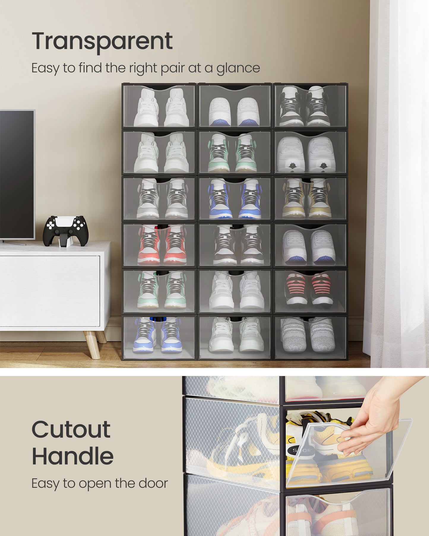 Stackable Shoe Boxes Set of 18 - Clear Plastic Shoe Organizers with Doors, Easy to Assemble, 9.1 x 13.1 x 5.6 Inches, Fits Up to US Size 9, Ink Black