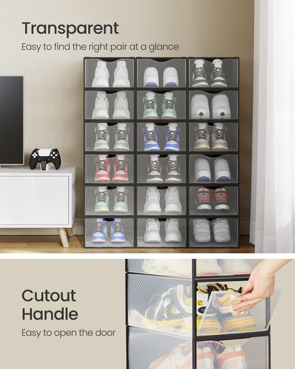 Stackable Shoe Boxes Set of 18 - Clear Plastic Shoe Organizers with Doors, Easy to Assemble, 9.1 x 13.1 x 5.6 Inches, Fits Up to US Size 9, Ink Black