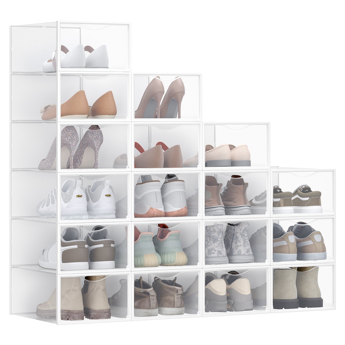 Stackable Shoe Boxes Set of 18 - Clear Plastic Shoe Organizers with Doors, 9.1 x 13.1 x 5.6 Inches, Fits Up to US Size 9, Cloud White