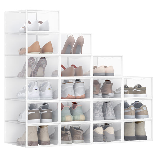 Stackable Shoe Boxes Set of 18 - Clear Plastic Shoe Organizers with Doors, 9.1 x 13.1 x 5.6 Inches, Fits Up to US Size 9, Cloud White