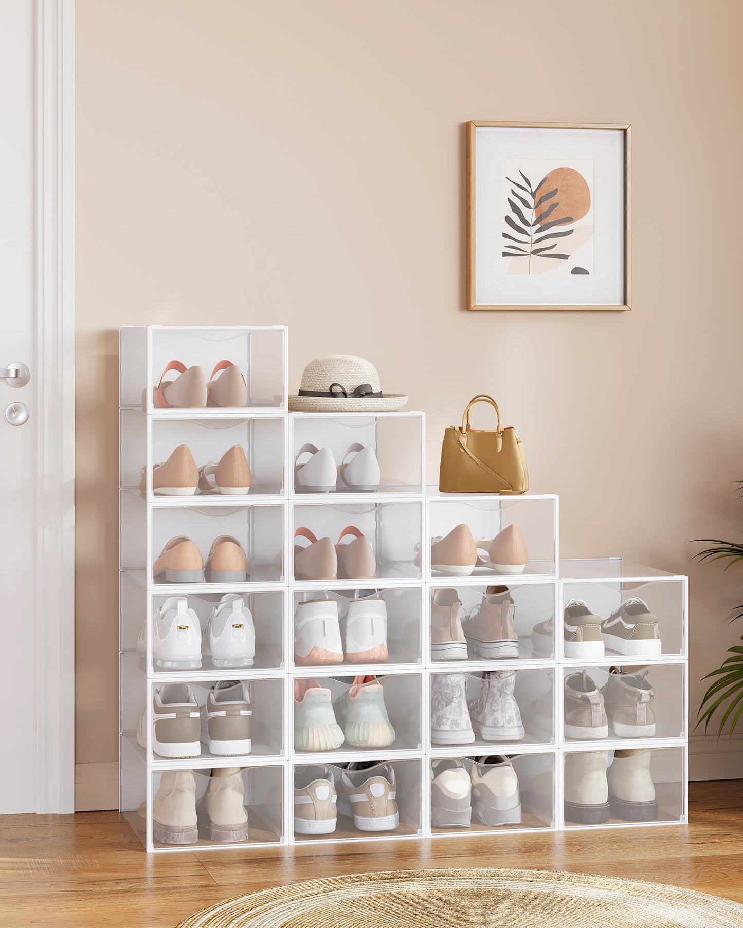 Stackable Shoe Boxes Set of 18 - Clear Plastic Shoe Organizers with Doors, 9.1 x 13.1 x 5.6 Inches, Fits Up to US Size 9, Cloud White