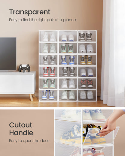 Stackable Shoe Boxes Set of 18 - Clear Plastic Shoe Organizers with Doors, 9.1 x 13.1 x 5.6 Inches, Fits Up to US Size 9, Cloud White