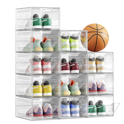 Shoe Boxes, Clear Shoe Organizers, Set of 12, Plastic Shoe Storage with Clear Door, Easy Assembly, up to US Size 11, Transparent White