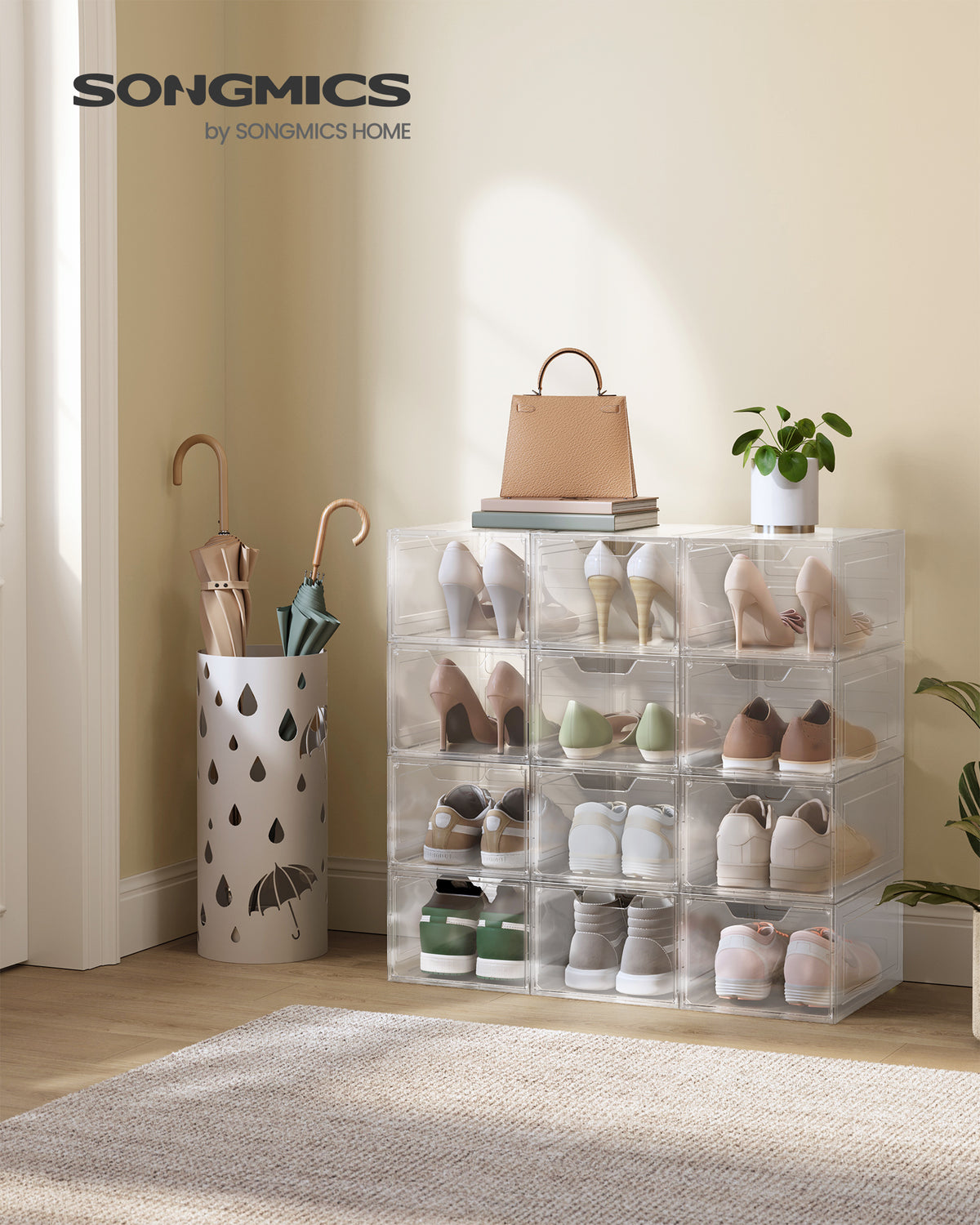 Shoe Boxes, Clear Shoe Organizers, Set of 12, Plastic Shoe Storage with Clear Door, Easy Assembly, up to US Size 11, Transparent White