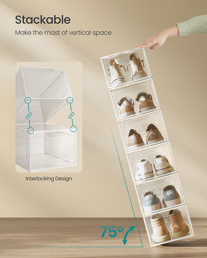 Shoe Boxes, Clear Shoe Organizers, Set of 12, Plastic Shoe Storage with Clear Door, Easy Assembly, up to US Size 11, Transparent White