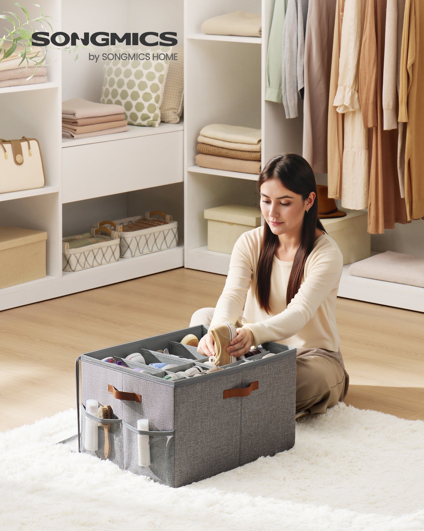 16-Pair Fabric Shoe Organizer, Adjustable Dividers & Side Pockets, Foldable Storage Bin for Closet, Bedroom, Dove Gray