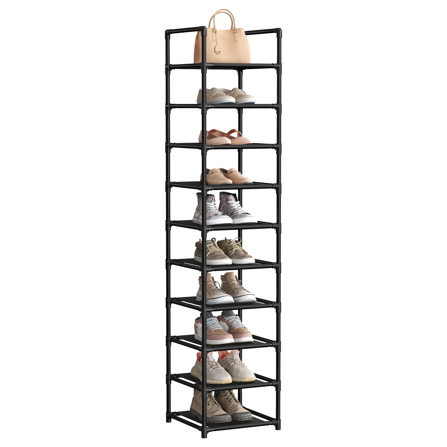 Shoe Rack, 10 Tier Shoe Shelf, Shoe Storage Organizer, Space-Saving, 13 x 13 x 68.1 Inches, Metal Frame, Non-Woven Fabric Shelves, for Entryway, Bedroom, Black