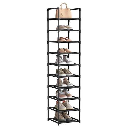 Shoe Rack, 10 Tier Shoe Shelf, Shoe Storage Organizer, Space-Saving, 13 x 13 x 68.1 Inches, Metal Frame, Non-Woven Fabric Shelves, for Entryway, Bedroom, Black