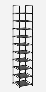 SONGMICS Shoe Rack, 10 Tier Shoe Shelf, Shoe Storage Organizer, Space-Saving, 13 x 13 x 68.1 Inches, Metal Frame, Non-Woven Fabric Shelves, for Entryway, Bedroom, Black ULSR110B02