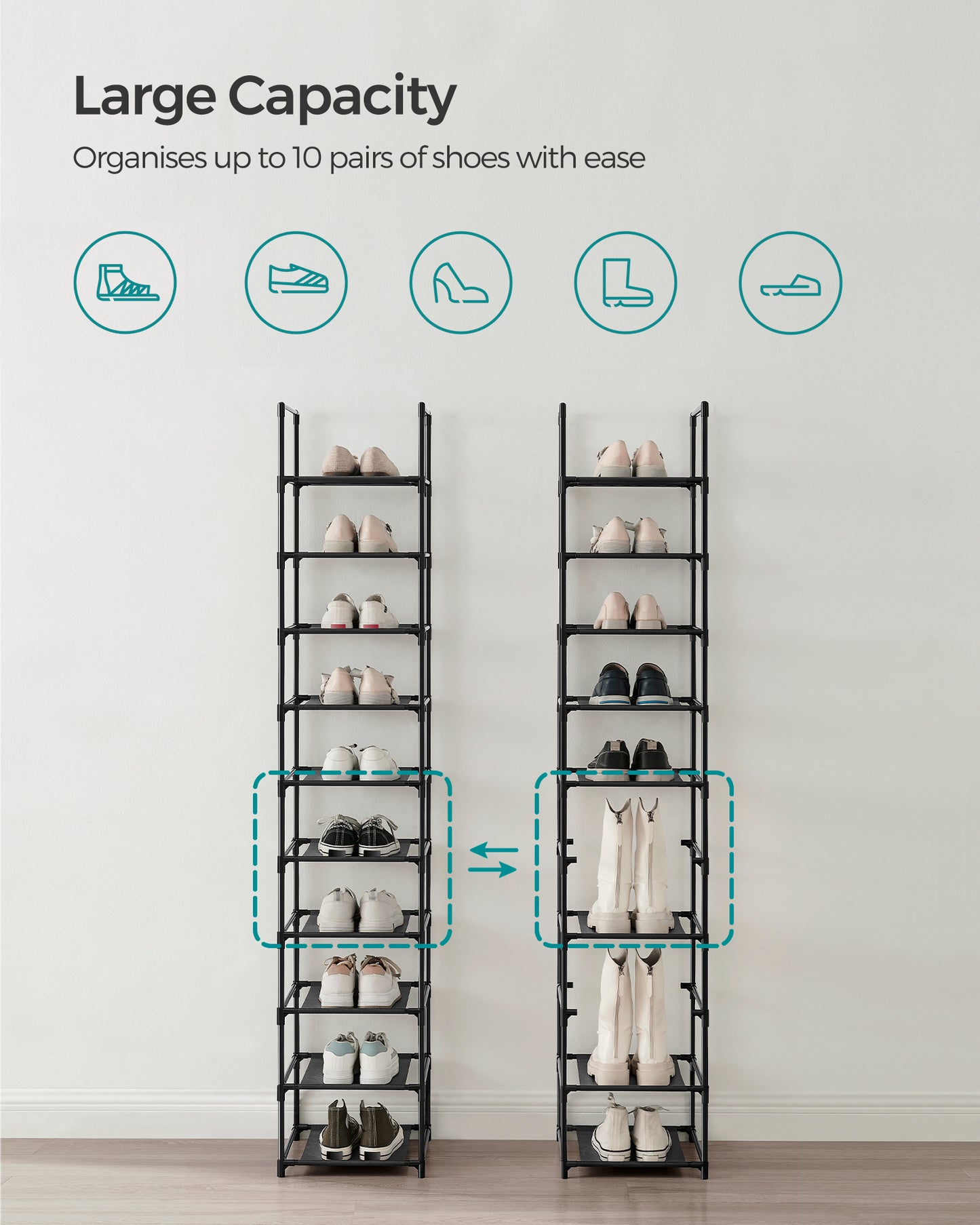 SONGMICS Shoe Rack 10 Tier Shoe Shelf Shoe Storage Organizer 13 x 13 x 68.1 Inches Black