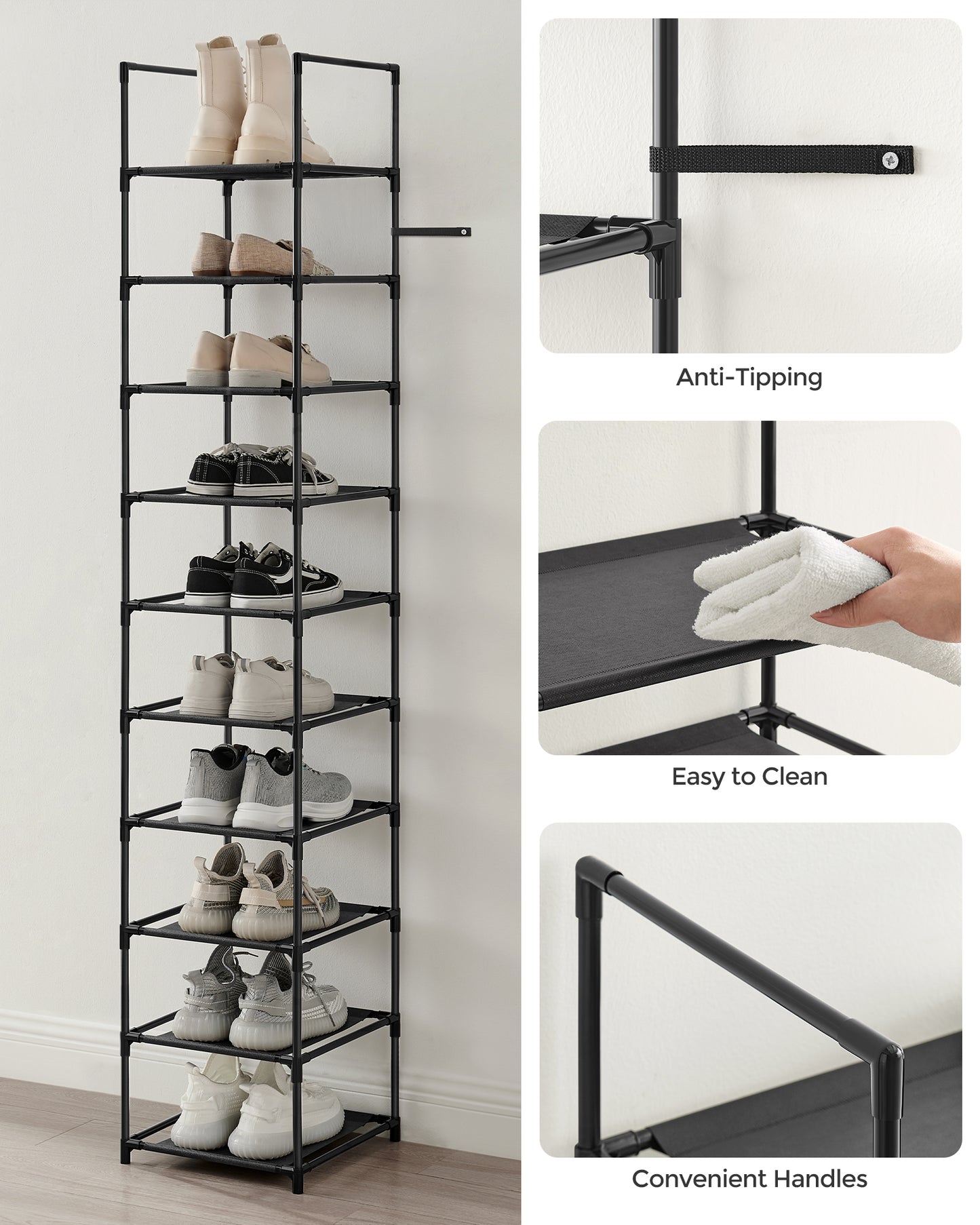 SONGMICS Shoe Rack 10 Tier Shoe Shelf Shoe Storage Organizer 13 x 13 x 68.1 Inches Black