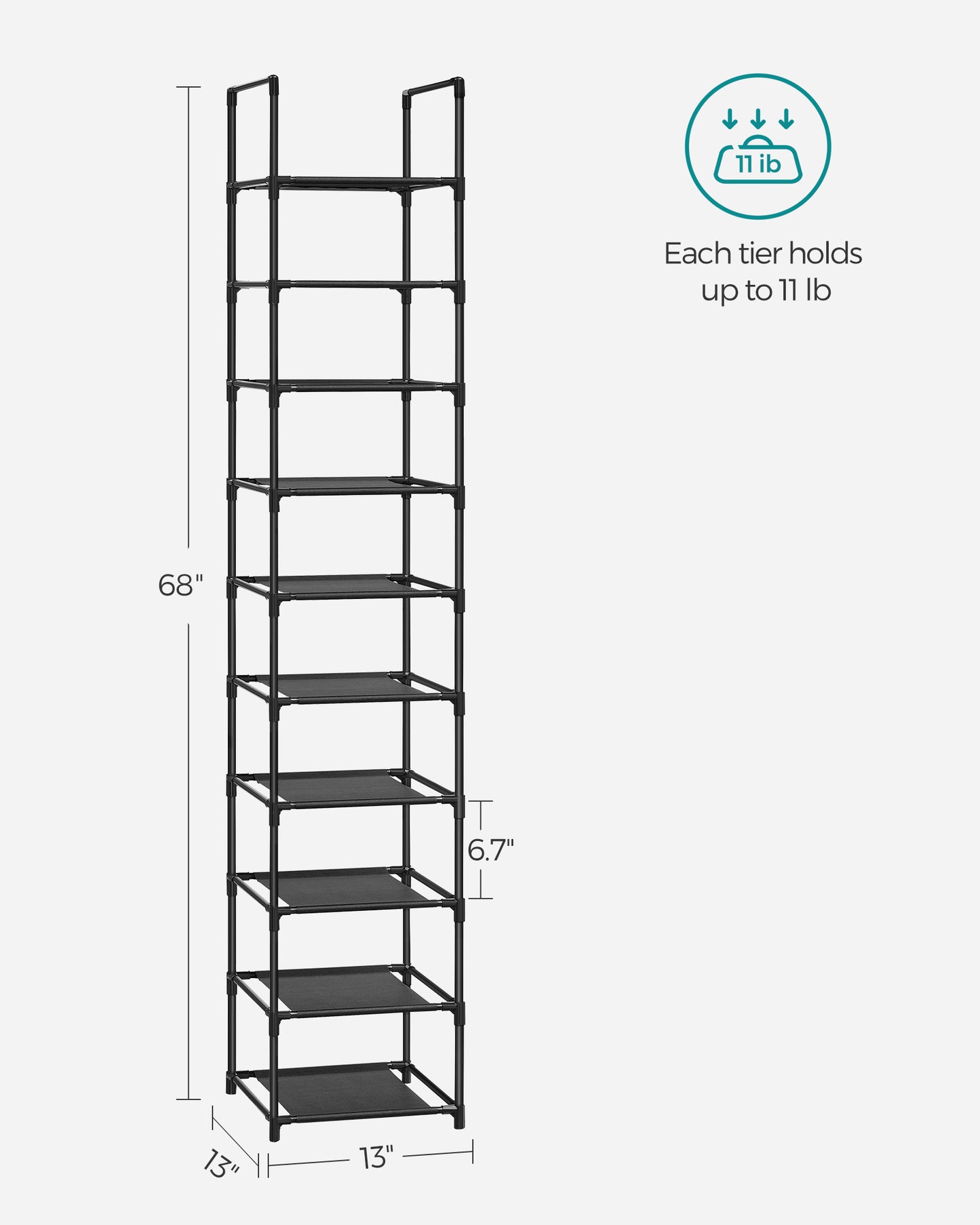 SONGMICS Shoe Rack 10 Tier Shoe Shelf Shoe Storage Organizer 13 x 13 x 68.1 Inches Black