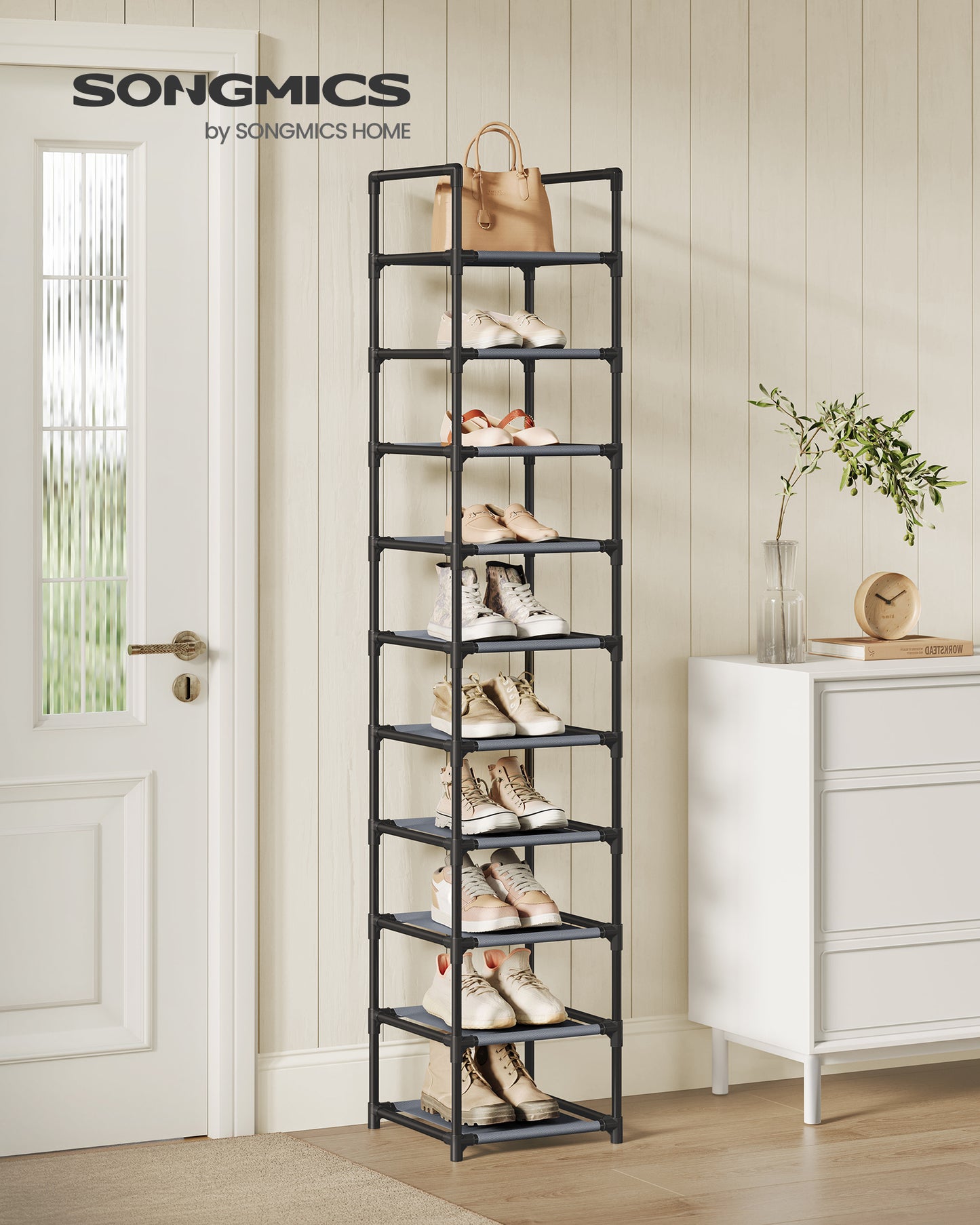 10-Tier Shoe Rack Organizer - Space-Saving Metal Frame, Non-Woven Fabric Shelves, Grey, 13 x 13 x 68.1 Inches