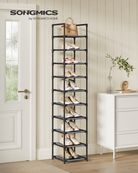 10-Tier Shoe Rack Organizer - Space-Saving Metal Frame, Non-Woven Fabric Shelves, Grey, 13 x 13 x 68.1 Inches