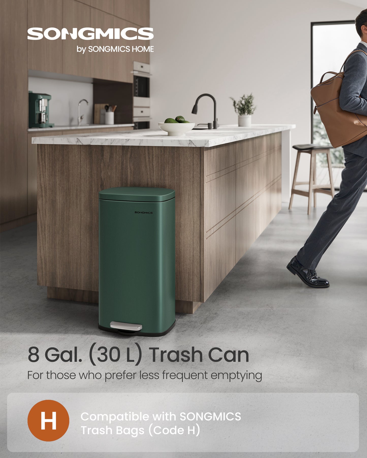Trash Can with Lid, 8 Gallon Garbage Can, Stainless Steel Small Waste Bin with Step Pedal and Inner Bucket, Soft Close, Kitchen