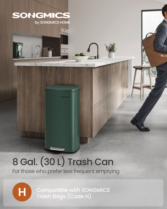 Trash Can with Lid, 8 Gallon Garbage Can, Stainless Steel Small Waste Bin with Step Pedal and Inner Bucket, Soft Close, Kitchen