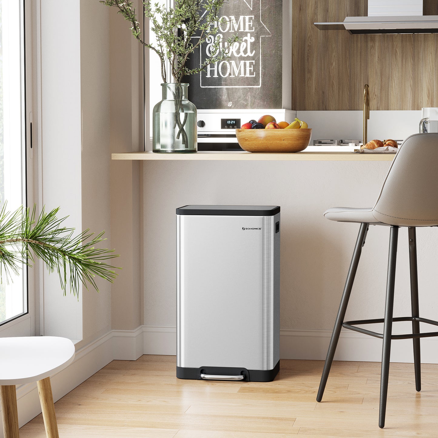 Trash Can, 12-Gallon Pedal Garbage Can, Stainless Steel Step Bin, Soft Closure, Fingerprint Proof, for Kitchen, Living Room, Silver