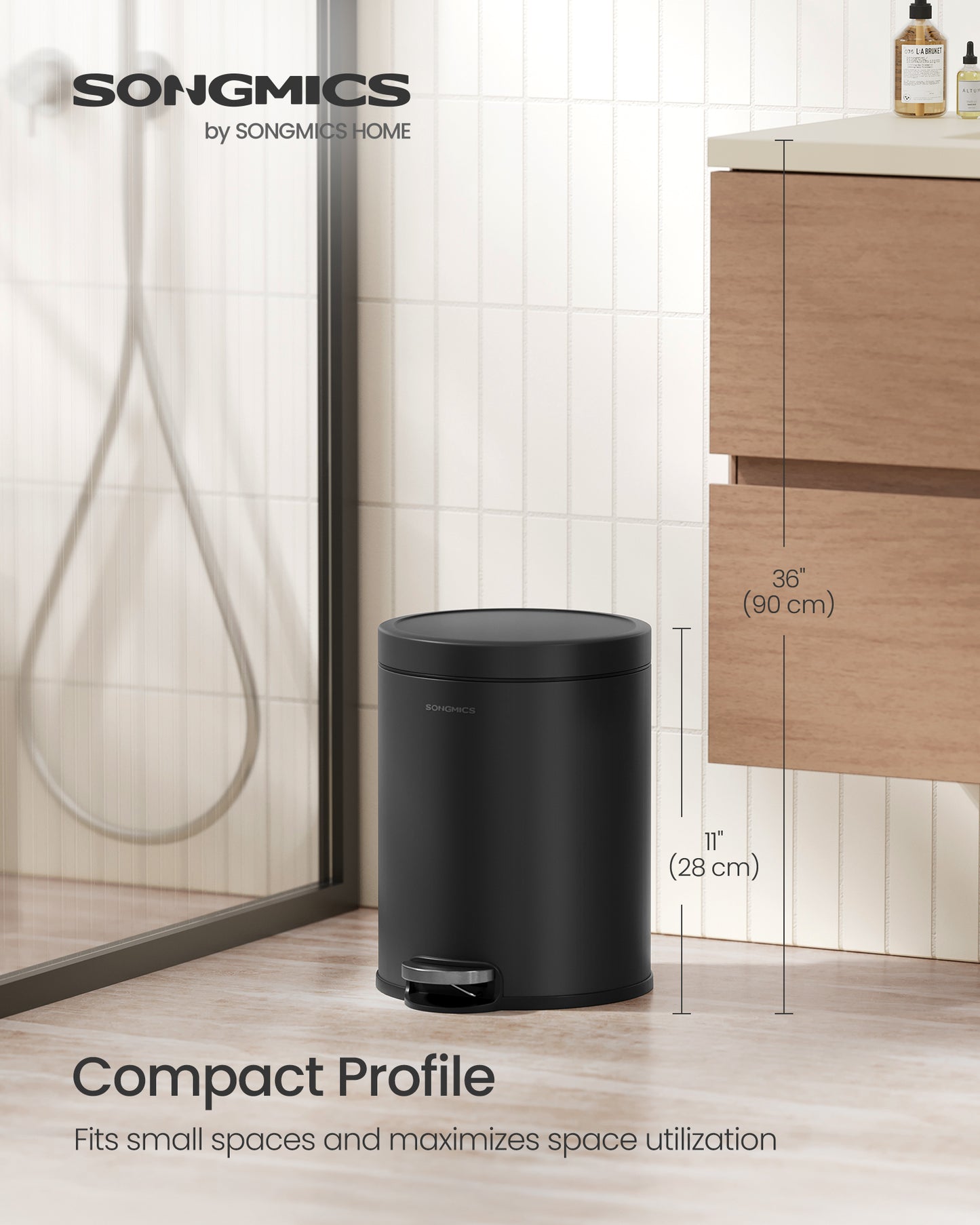 1.6 Gallon Bathroom Trash Can, Small Stainless Steel Garbage Bin with Soft-Close Lid & Pedal, Inner Bucket for Toilet Bedroom, Ink Black