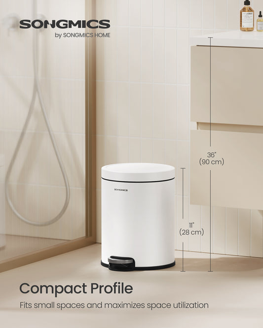 1.6 Gallon Bathroom Trash Can, Small Stainless Steel Garbage Bin with Soft-Close Lid & Pedal, Inner Bucket for Toilet Bedroom, Cloud White