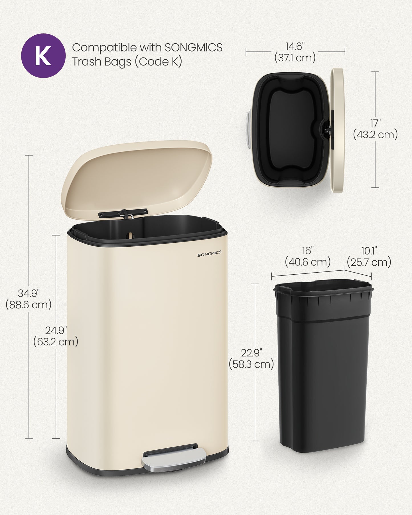 13 Gal (50 L) Trash Can, Stainless Steel Kitchen Garbage Can, Soft Close, Step-On Pedal, Removable Inner Bucket