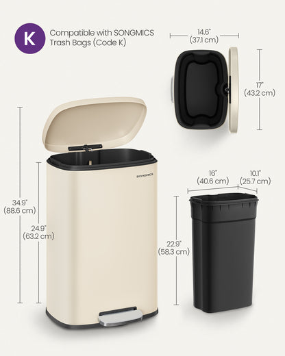 13 Gal (50 L) Trash Can, Stainless Steel Kitchen Garbage Can, Soft Close, Step-On Pedal, Removable Inner Bucket