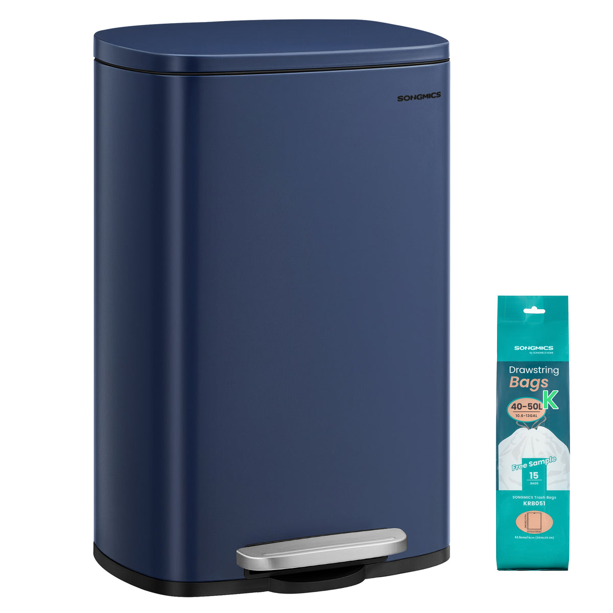 SONGMICS 13 Gallon (50 L) Trash Can, Stainless Steel Kitchen Garbage Can, Recycling or Waste Bin, Soft Close, Step-On Pedal, Removable Inner Bucket, Midnight Blue