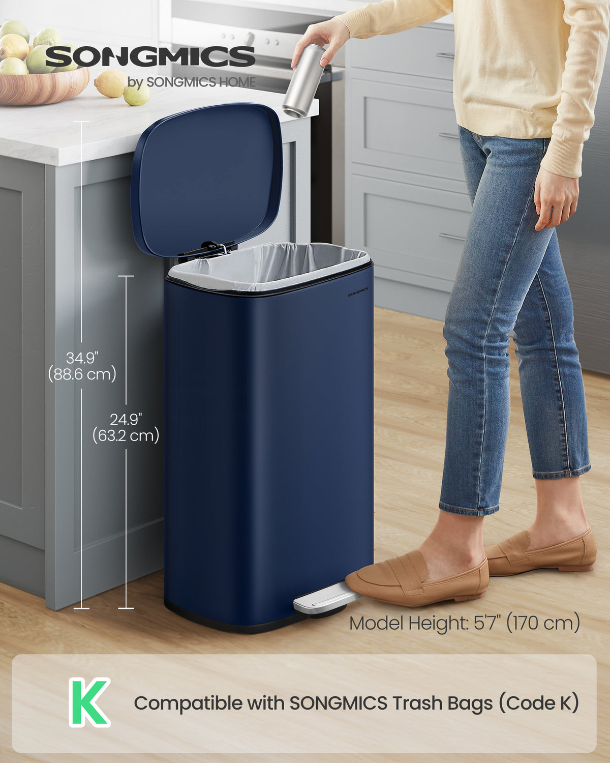 SONGMICS 13 Gallon (50 L) Trash Can, Stainless Steel Kitchen Garbage Can, Recycling or Waste Bin, Soft Close, Step-On Pedal, Removable Inner Bucket, Midnight Blue