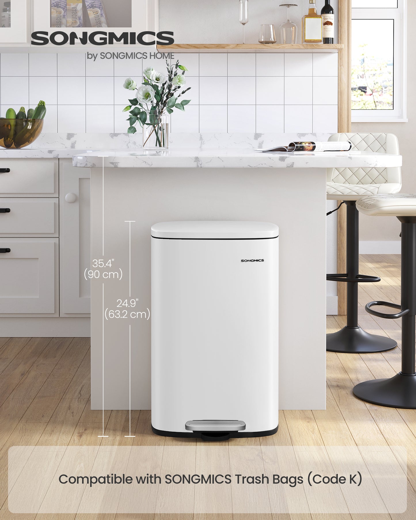 SONGMICS 13.2 Gallon Trash Can, Stainless Steel Kitchen Garbage Can, Recycling or Waste Bin, Soft Close, Step-On Pedal, Removable Inner Bucket, White