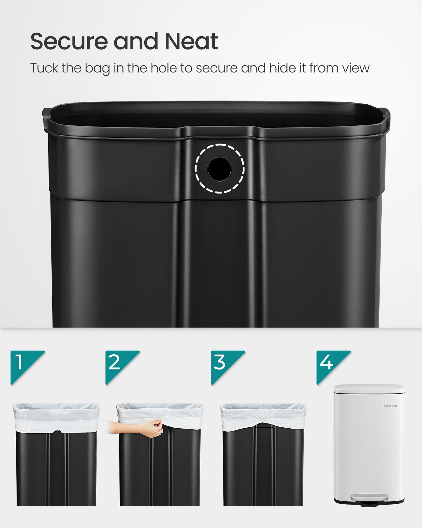 SONGMICS 13.2 Gallon Trash Can, Stainless Steel Kitchen Garbage Can, Recycling or Waste Bin, Soft Close, Step-On Pedal, Removable Inner Bucket, White