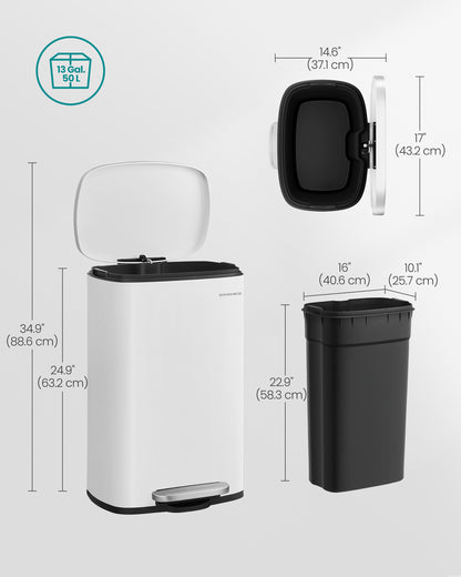 SONGMICS 13.2 Gallon Trash Can, Stainless Steel Kitchen Garbage Can, Recycling or Waste Bin, Soft Close, Step-On Pedal, Removable Inner Bucket, White