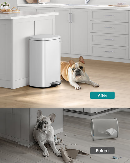 SONGMICS 13.2 Gallon Trash Can, Stainless Steel Kitchen Garbage Can, Recycling or Waste Bin, Soft Close, Step-On Pedal, Removable Inner Bucket, White