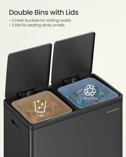 Dual Rubbish Bin, 2 x 30L Recycling Bin with 15 Rubbish Bags, 2-Compartment Metal Pedal Bin with Lids and Plastic Inner Buckets, Soft Closure, Black