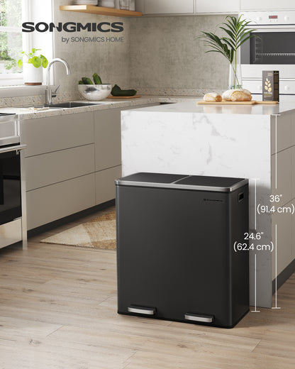 SONGMICS Dual Trash Can, 16 Gal (60L) Rubbish Bin and 15 Trash Bags, Metal Step Bin, with Dual Compartments, Airtight, Black