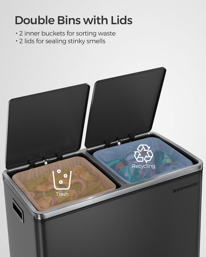 SONGMICS Dual Trash Can, 16 Gal (60L) Rubbish Bin and 15 Trash Bags, Metal Step Bin, with Dual Compartments, Airtight, Black